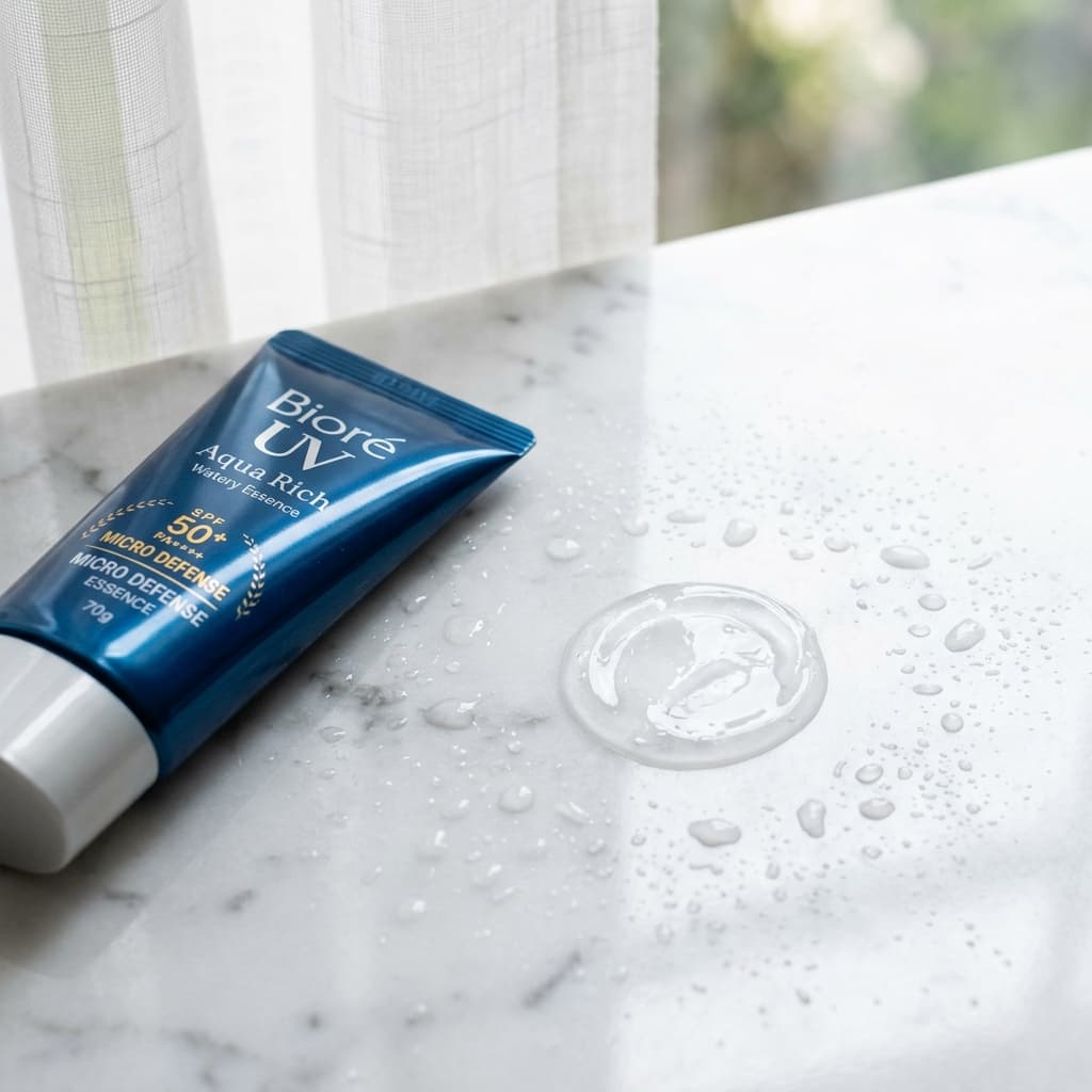 Watery sunscreen essence texture close-up