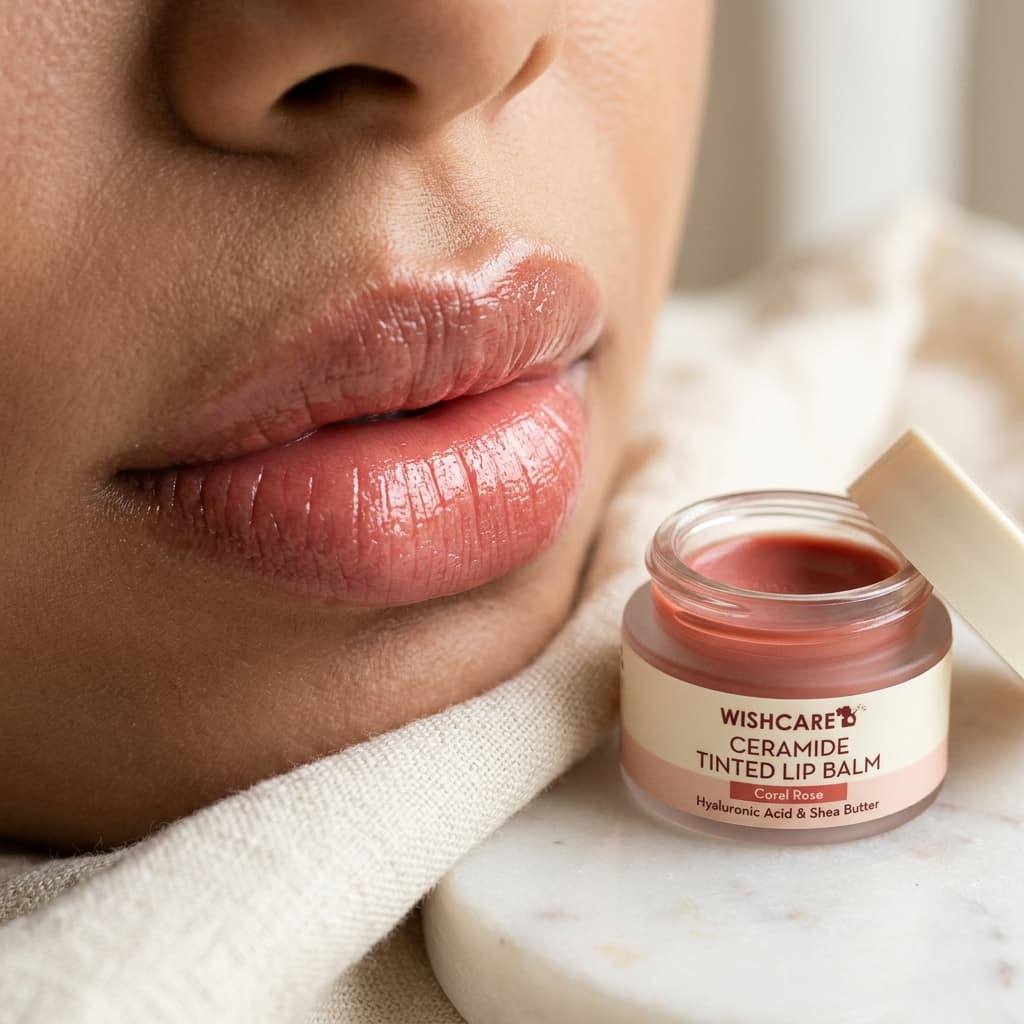 Glossy tinted lip balm applied on lips