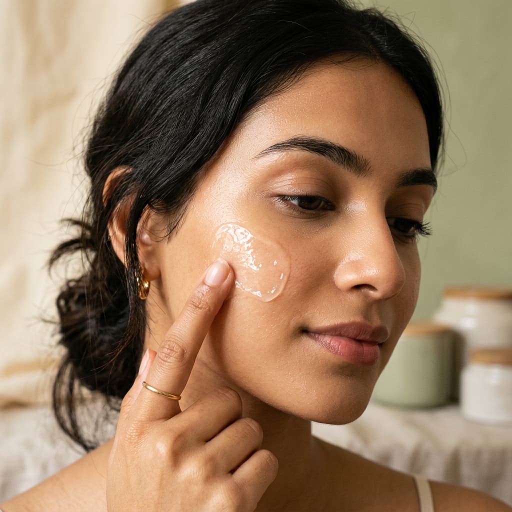 Model applying glow serum