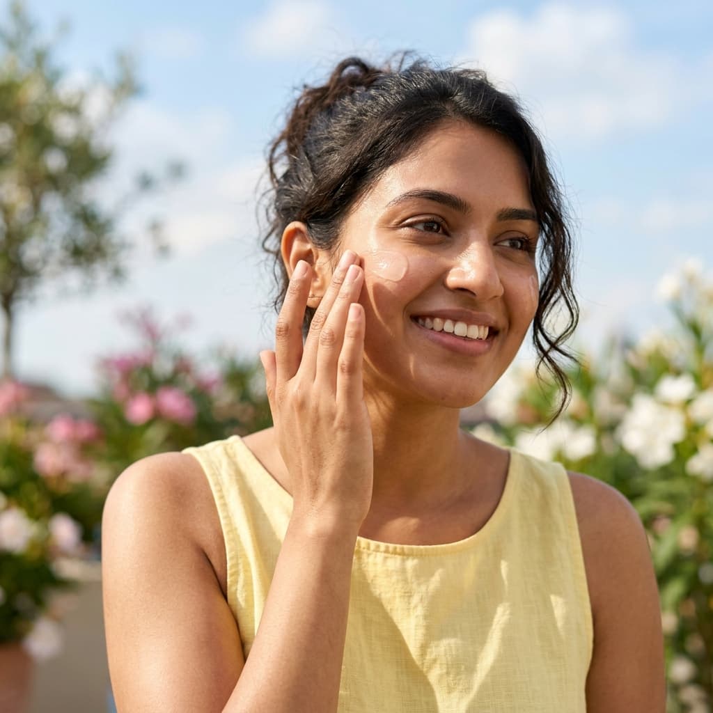 Model outdoor applying watermelon sunscreen